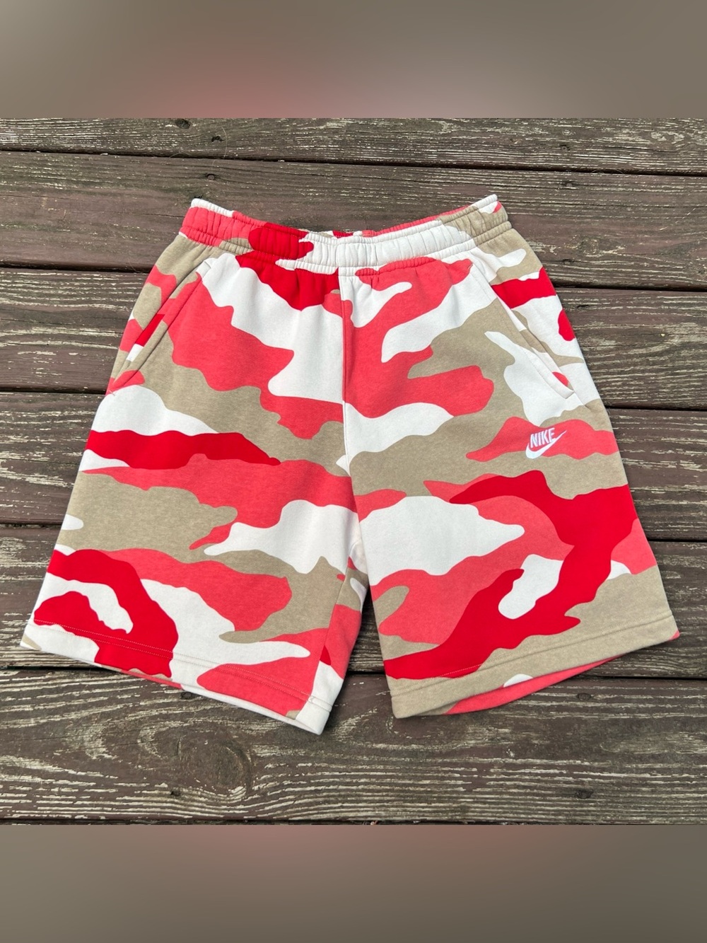 Nike Men’s Coral Tan Camo Elastic Waist Maximalist Streetwear Casual Shorts|Sz:S